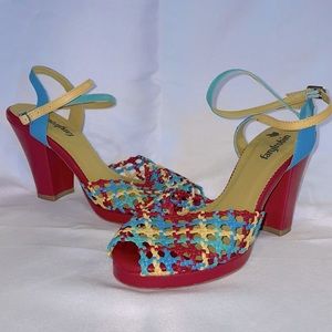 Faryl Robin red multi color strappy heel. Fun for summer.